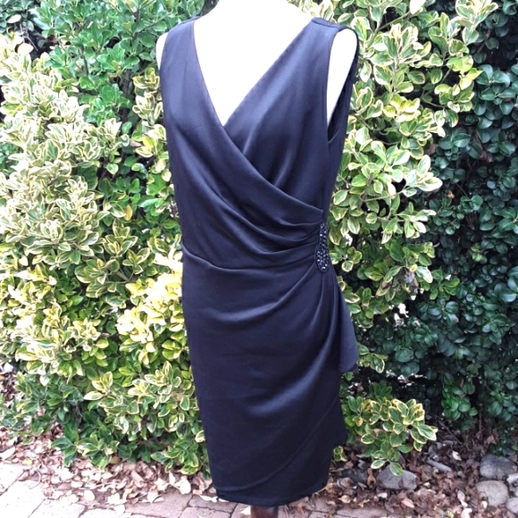 Enfocus Studio Dresses & Skirts - ENFOCUS Black Matte Satin Elegant Dress With Faux Wrap Front w/Beaded Accent